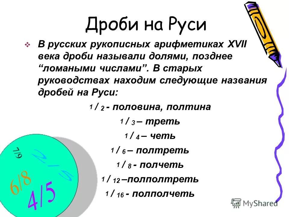 Дроби на Руси. Возникновение дробей. Дроби столетия названия. История возникновения дробей. История дробей 5 класс