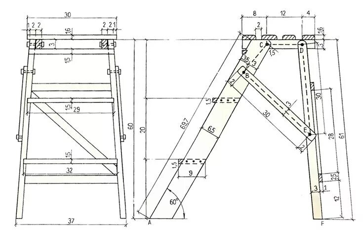 Чертеж стремянки из дерева с размерами