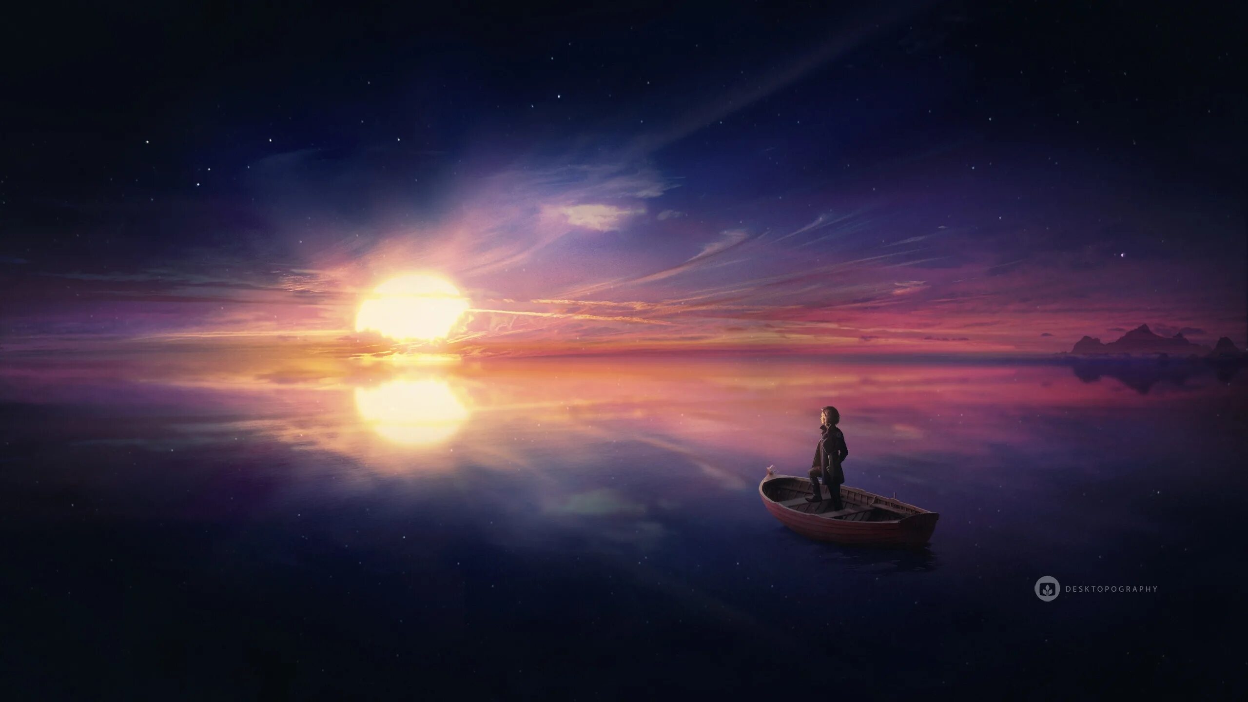 Я видел свет в твоих океане. Человек в лодке арт. Лодка на фоне заката. Фэнтези ночь море. Одинокая лодка.