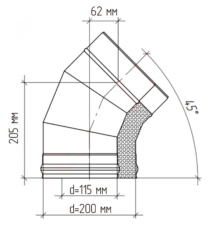 Диаметр дымохода 200. Колено-сэндвич 45° d115/200. Отвод сэндвич вентиляционный 45* 150*230. Отвод сэндвич дымохода 45 градусов. Сэндвич труба отвод 45 градусов 150.