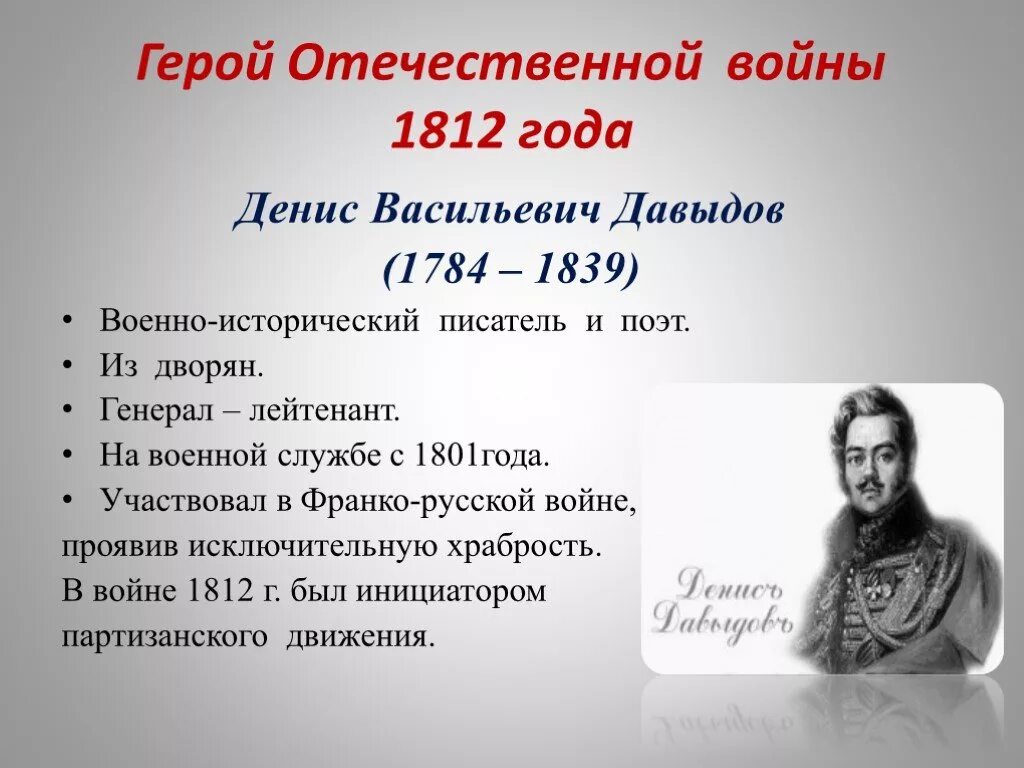 Герои отечественной войны 1812 года кратко биография. Давыдов д 1812. Герои войны 1812 Давыдов.