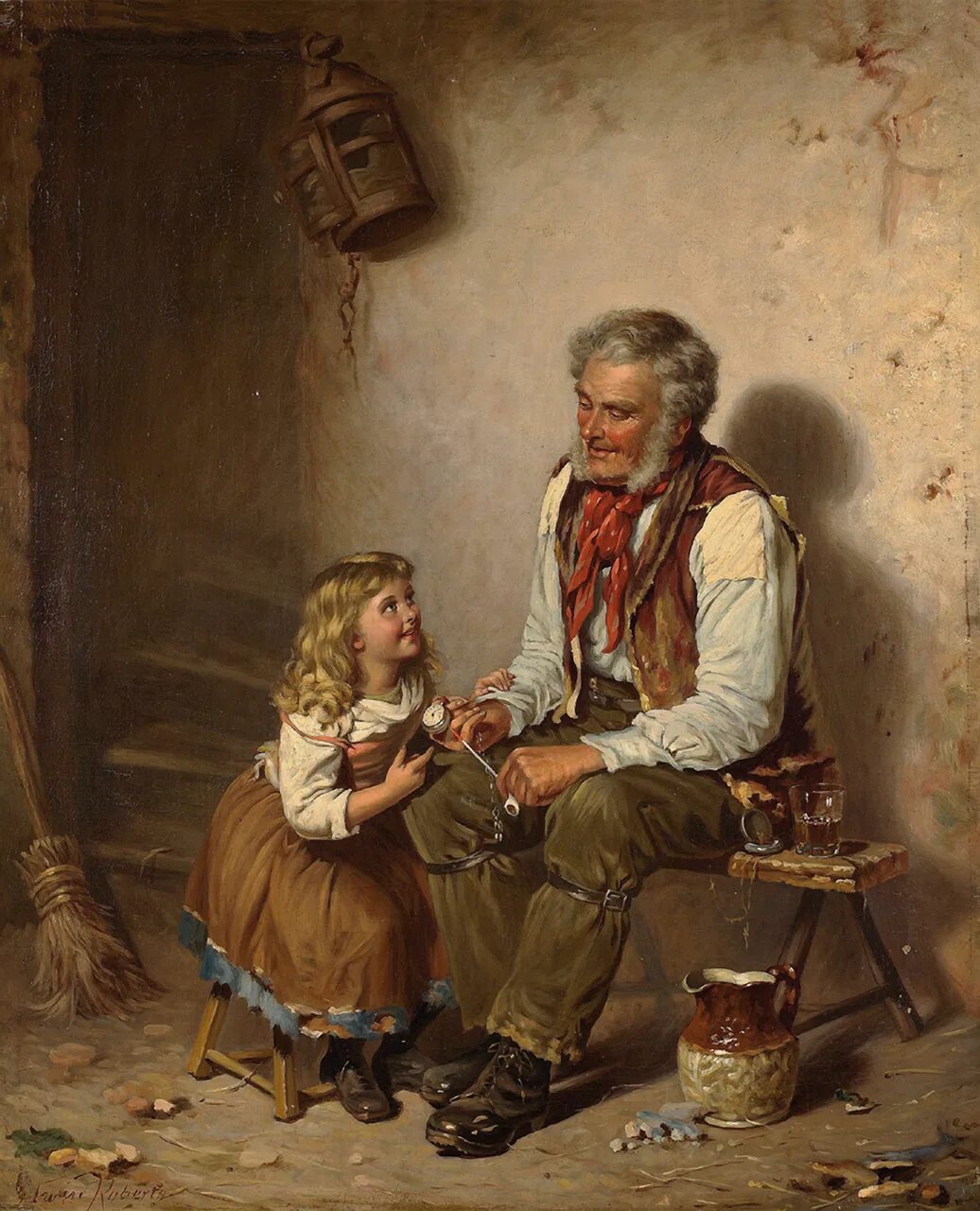 Старый дедушка и внучка. Английский художник Edwin Thomas Roberts (1840-1917).