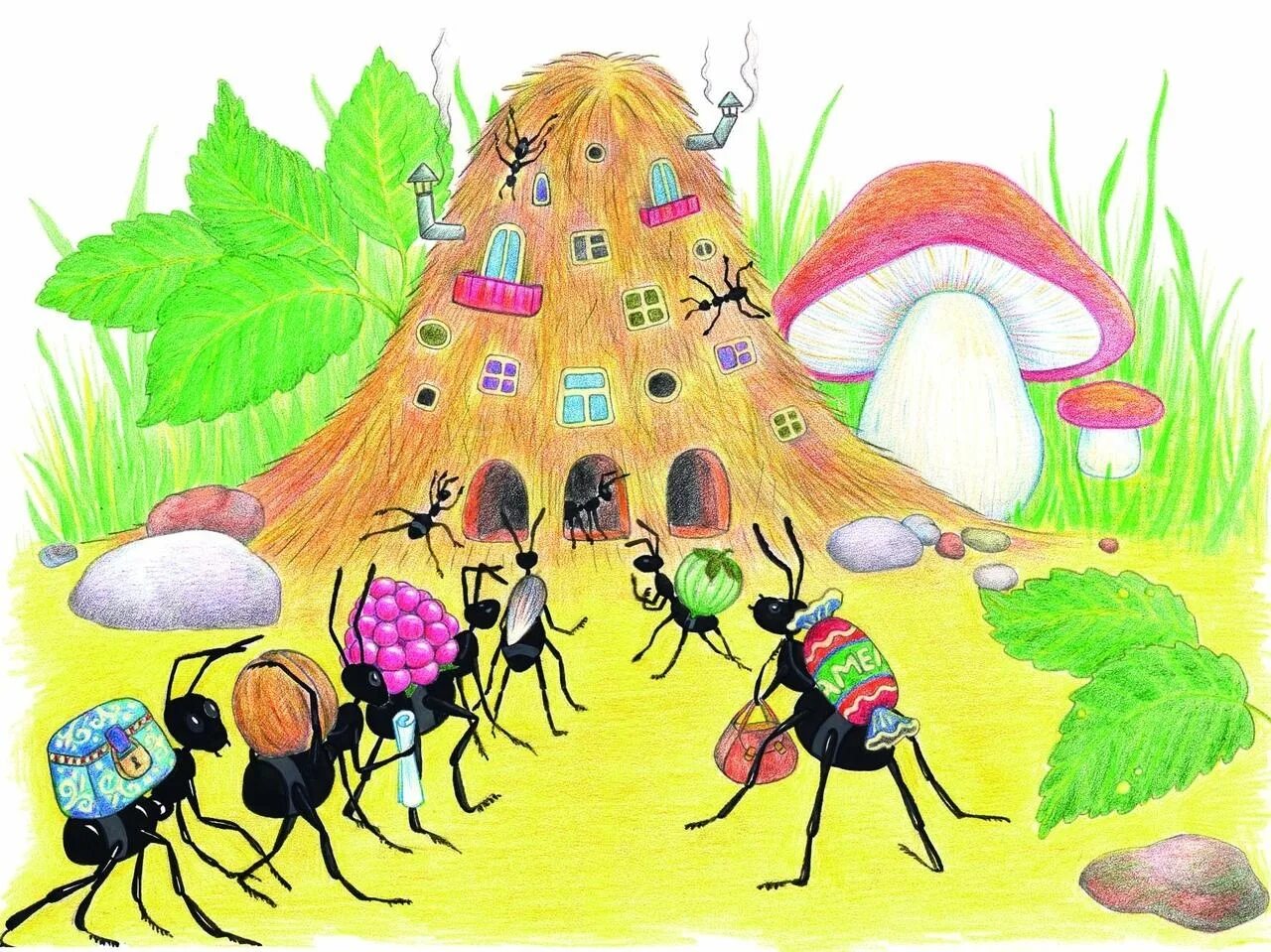 Кто живет в семи. Сказочные домики насекомых для детей. Муравей и Муравейник для детей. Строение муравейника для детей. Муравейник мультяшный.