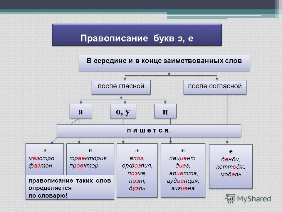 Употребление гласных после шипящих. Правописание букв э и е.. Написание э и е в заимствованных словах. Буквы э е в иноязычных словах. Правила написания буквы э.