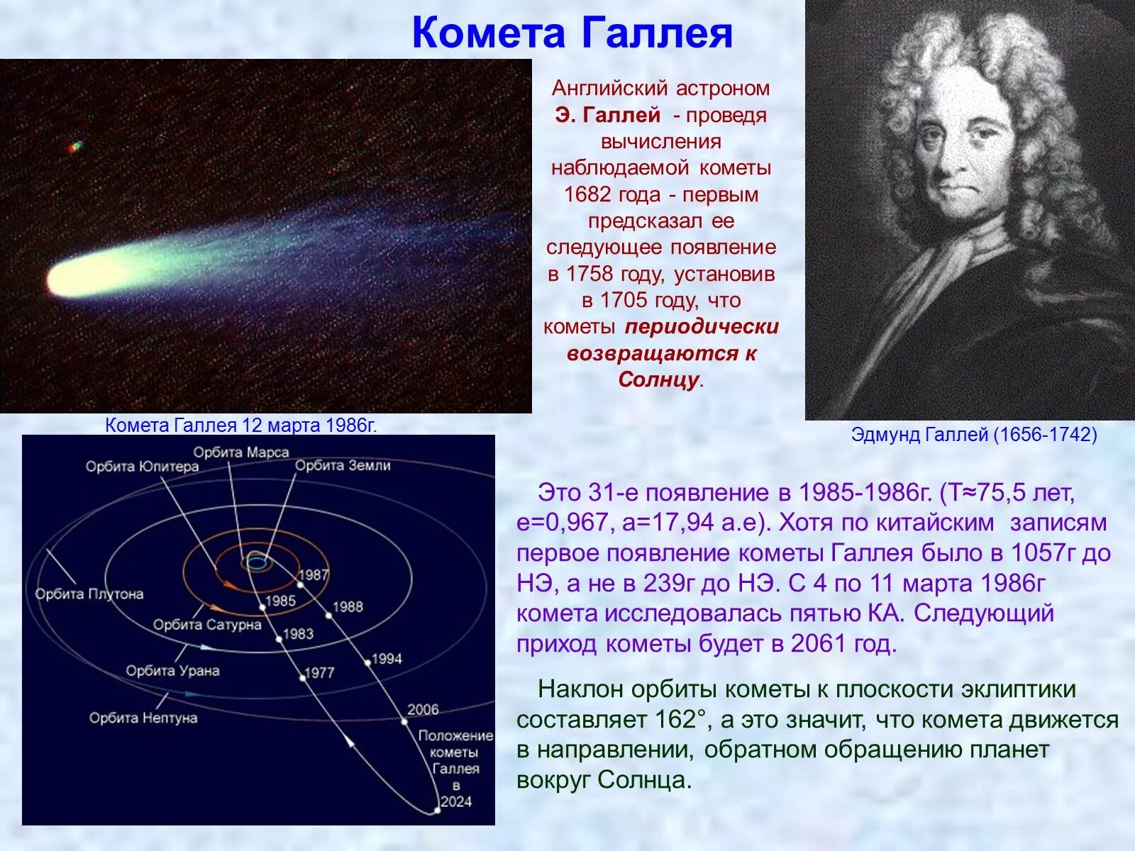 Астроном открывший движение планет. Комета Галлея 1835 год. Параметры орбиты кометы Галлея. Комета 1758 года.