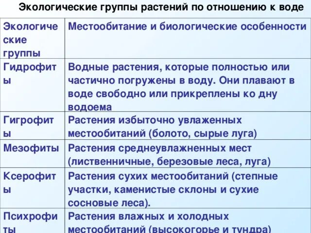 Экологические группы растений по отношению к таблицу. Экологические группы растений по отношению к воде. Экологические группы растений таблица. Экологически группы растений по отношению к воде. Группы растений по отношению к воде таблица.