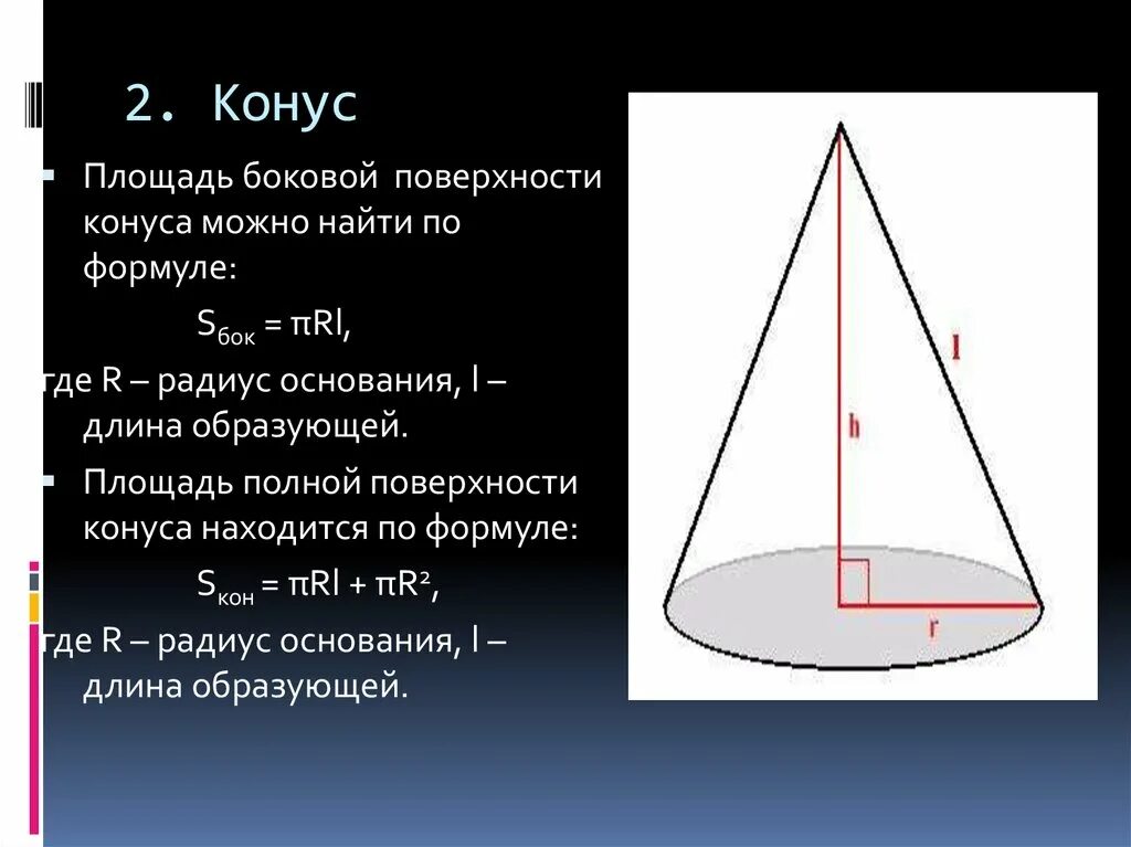 Площадь боковой и полной поверхности конуса. Площадь боковой поверхности конуса конуса. Формула нахождения боковой поверхности конуса. Формула площади боковой и полной поверхности конуса.