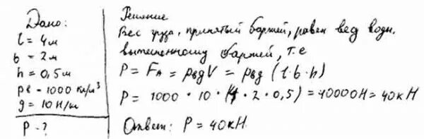 Длина прямоугольной баржи 4м ширина 2м определите