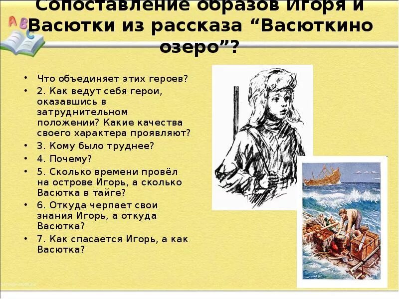 Тест с ответами робинзон крузо 5 класс. Характеристика Игоря Робинзона. Сравнение Васютки и Игоря Робинзона. Характеристика Васютки из. Сопоставление Игоря и Васютки.