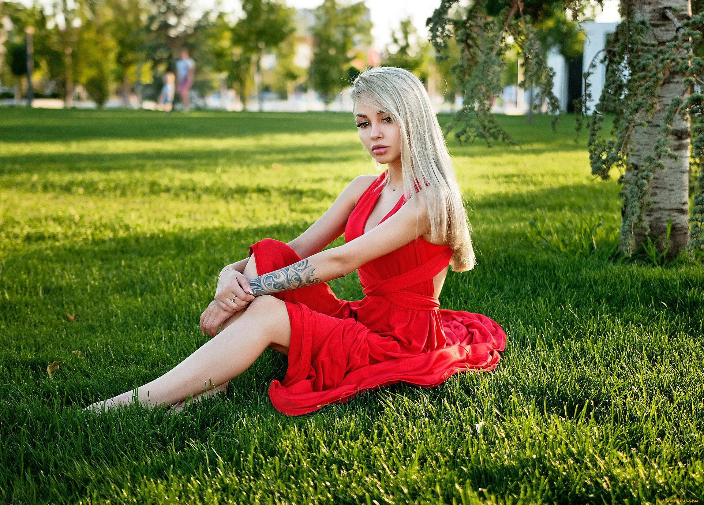 Крошки блондинки. Блондинка в Красном платье. Девушка в платье сидит. Девушка сидит на траве. Сидячая девушка в платье.