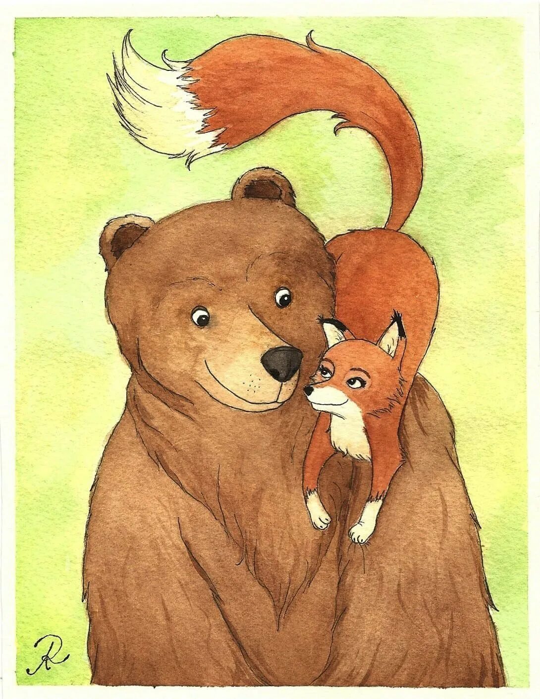 Медведь и лиса. Медвежонок обнимает лисичку. Лиса обнимает медведя. Лис и медведь.