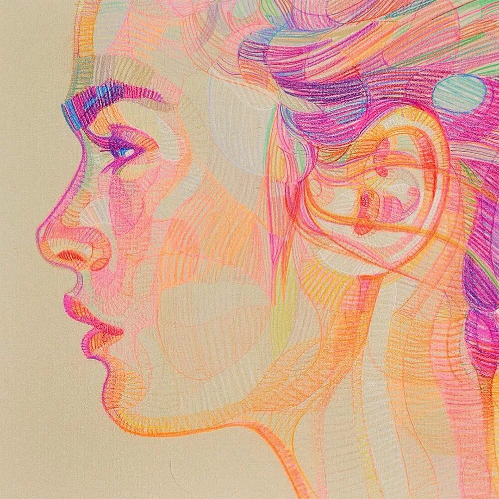 Луис Феррейра художник. Лицо цветными карандашами. Стилизованный портрет цветными карандашами. Стилизация портрета.