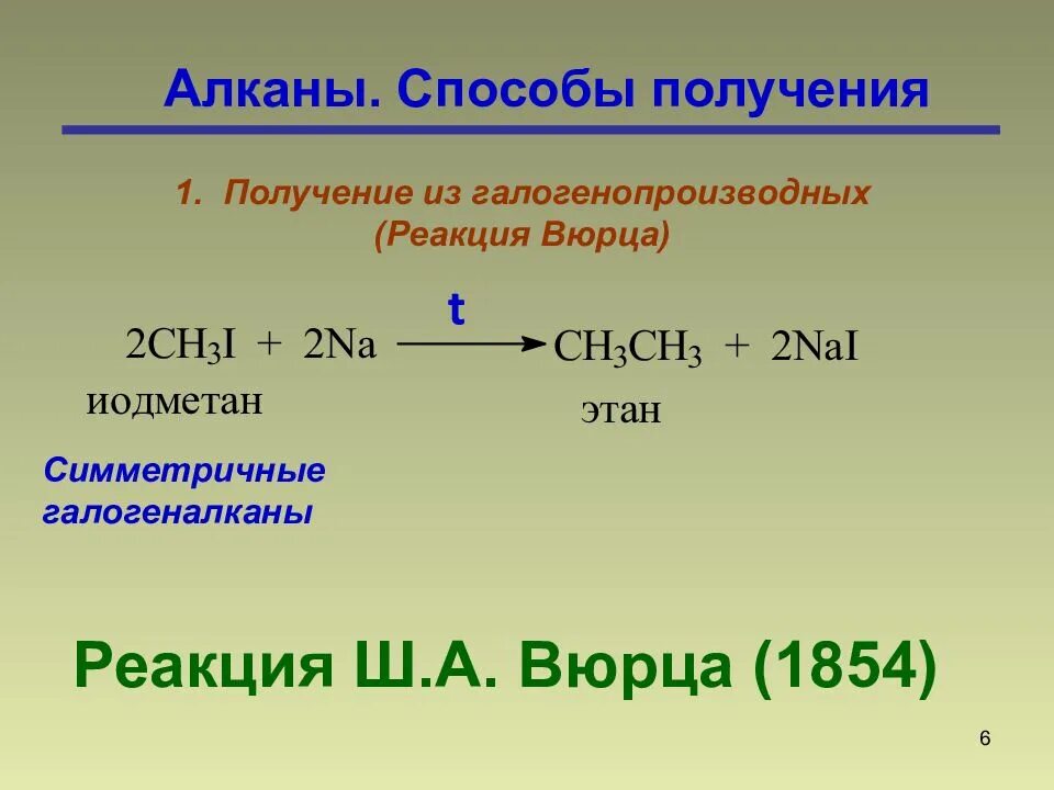 Алканы примеры реакций. Реакция Вюрца алканы. Реакция Вюрца для алканов. Алканы способы получения. Способы получения алканов реакция Вюрца.