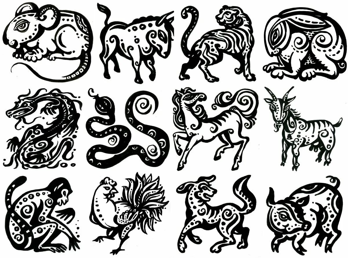 Звери знаков зодиака. Символы животных. Стилизованное изображение животных. Животные символы года. Восточные знаки.
