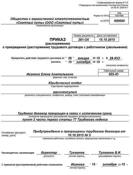 Приказ об увольнении в связи с истечением срока трудового договора. Приказ об увольнении с истечением срока трудового договора. Приказ об увольнении по истечению срока трудового договора. Приказ об увольнении по истечении срока трудового договора образец.