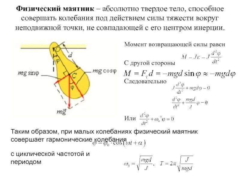 Определения момента инерции методом колебаний. Формула гармонических колебаний физического маятника. физический маятник формула. центр инерции физического маятника. точка качания физического маятника.