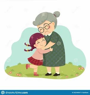 Карикатура девочки обнимает ее бабушку в парке Иллюстрация вектора - иллюст...