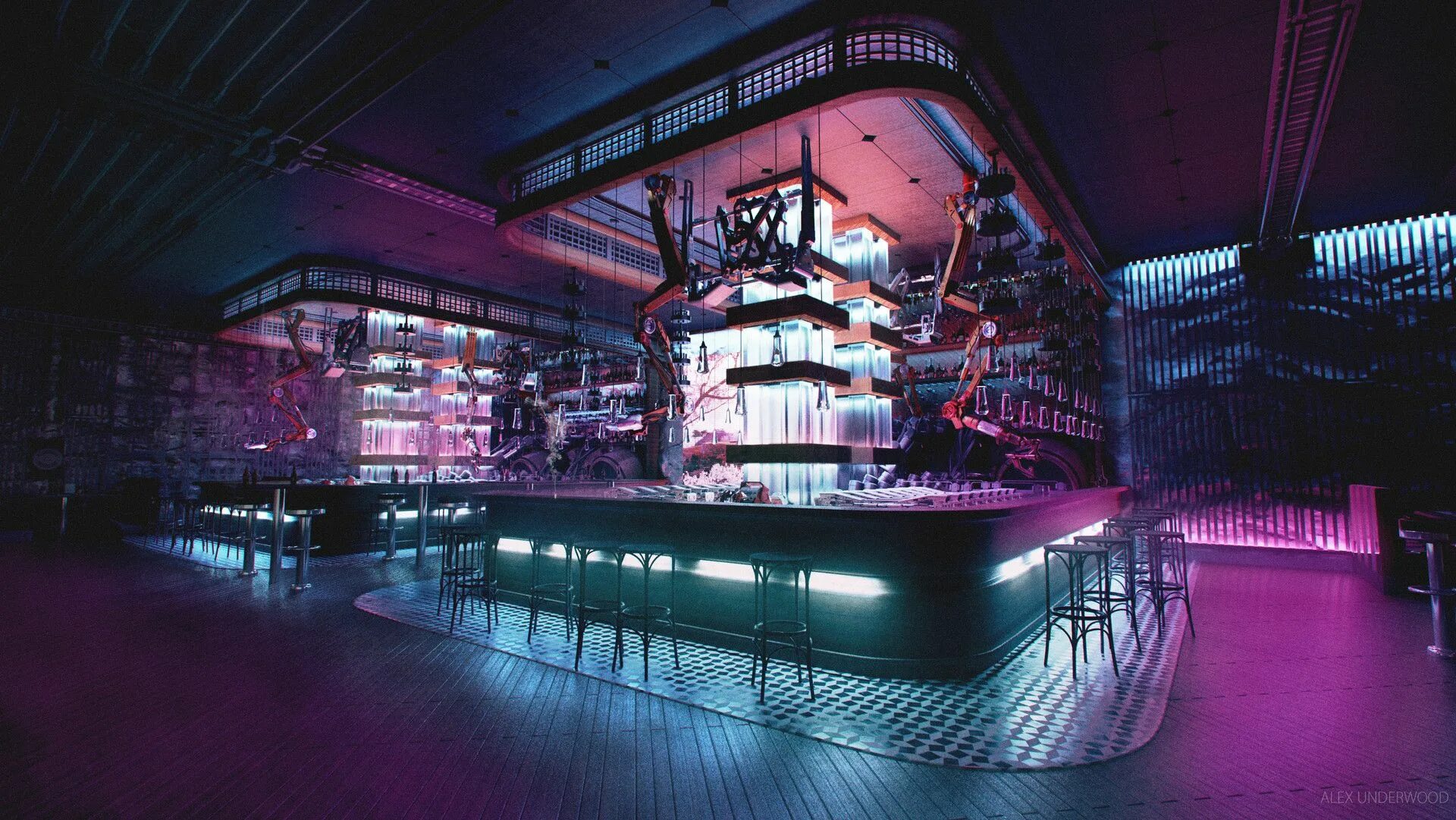 Бар в стиле киберпанк. Неоновый бар cyberpunk. Sci fi бар. Star citizen бар. Интерьер в стиле киберпанк.
