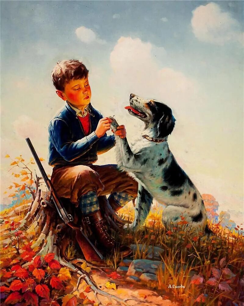Мальчик и две собаки. Raymond james stuart картины. художник anthony cucchi. мальчик с собакой живопись.