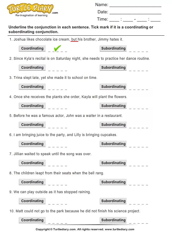 Tick sentences. Coordinating and Subordinating conjunctions. Subordinating conjunctions exercises. Coordinating conjunctions Worksheets. Coordinate conjunctions Worksheets.