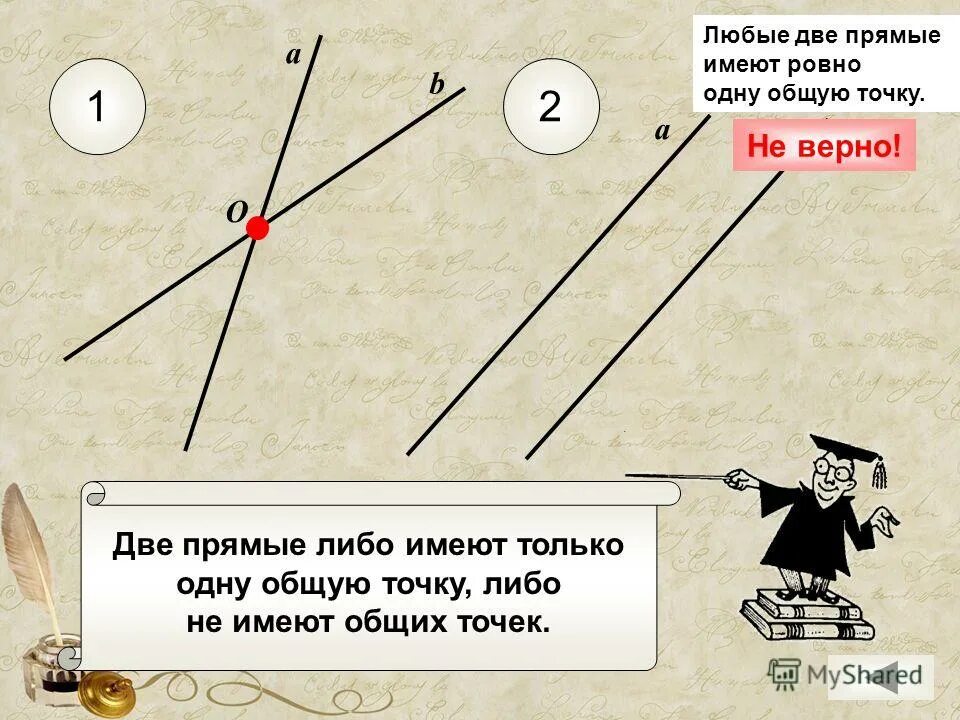 Две прямые либо. Любые две прямые имеют ровно 1 общую точку. любые две прямые имеют две общие точки. любые две прямые имеют только одну общую точку. любые 2 прямые имеют общей точки.