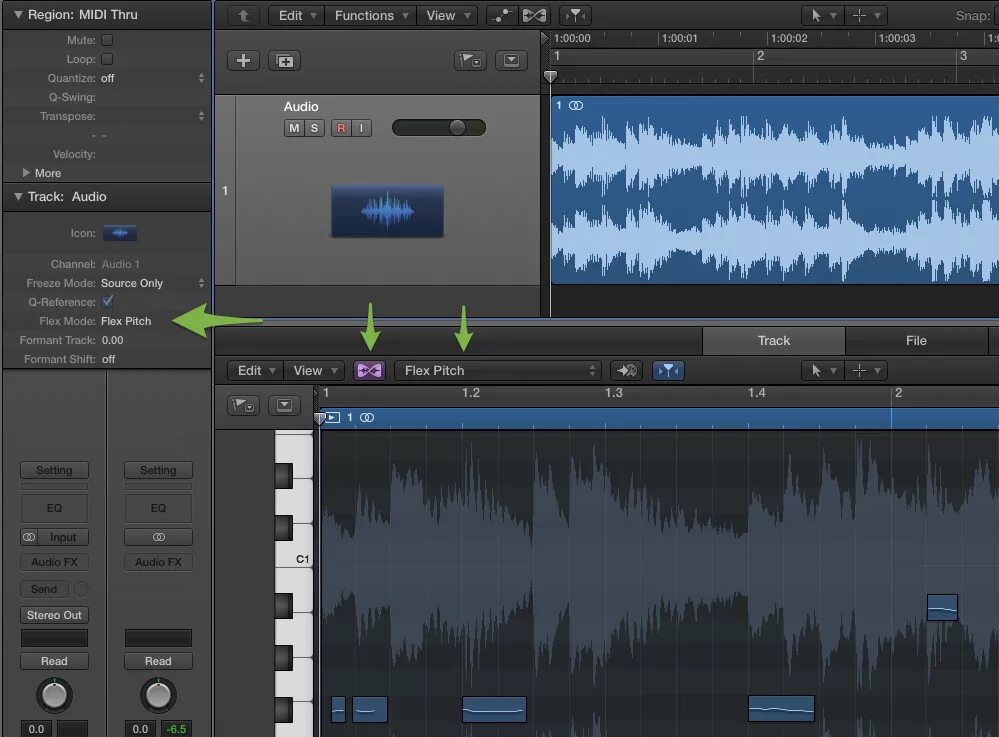 Воспроизвести звук 3. Flex Pitch Logic Pro x. Редактор звука. Аудиоредактор. Редактирование звуковой дорожки.