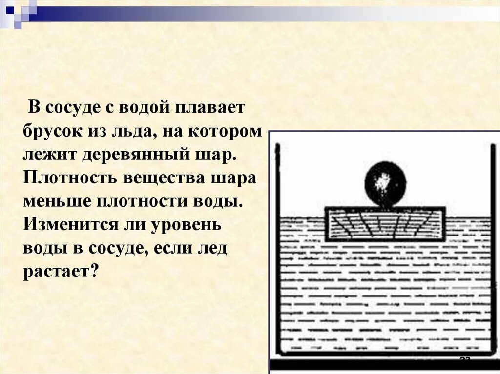 На рисунке 64 изображен деревянный брусок плавающий. Сосуд с водой на дереве. Изменится ли уровень воды в сосуде если лед растает. Деревянный шар плавает в воде. Деревянный брусок плавает.