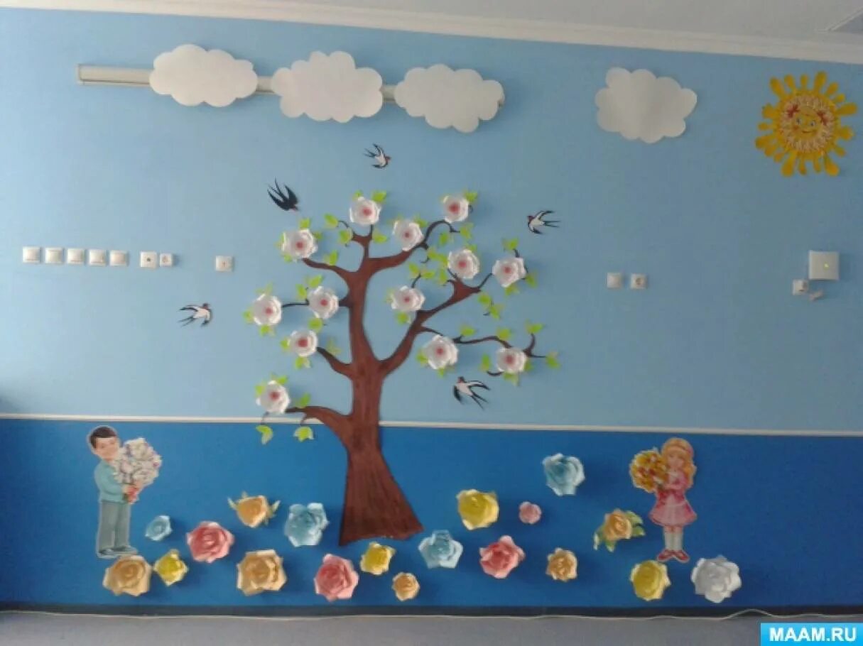 Украшение стены на весну в ДОУ. Весенняя стена в детском саду. Весеннее украшение стены в детском саду.