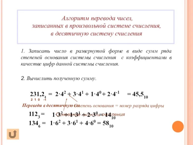 Алгоритм перевода чисел. Алгоритм перевода в десятичную систему счисления. Алгоритм с переводом в систему десятичное число. Алгоритм перевода в десятичную.