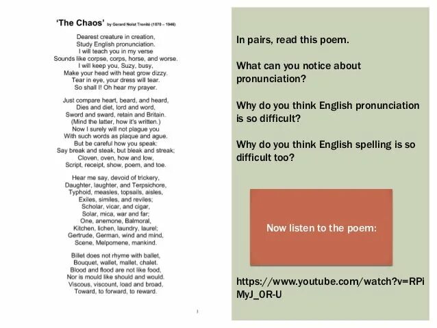 Sam to learn the poem. Chaos стихотворение. English pronunciation poem. Хаос стих на английском. The Chaos of English pronunciation.