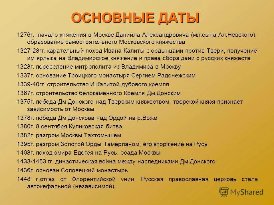 Общая дата. Основные даты. 1276 Г. – образование самостоятельного Московского княжества.. Основные даты Москвы. Основные даты игра.