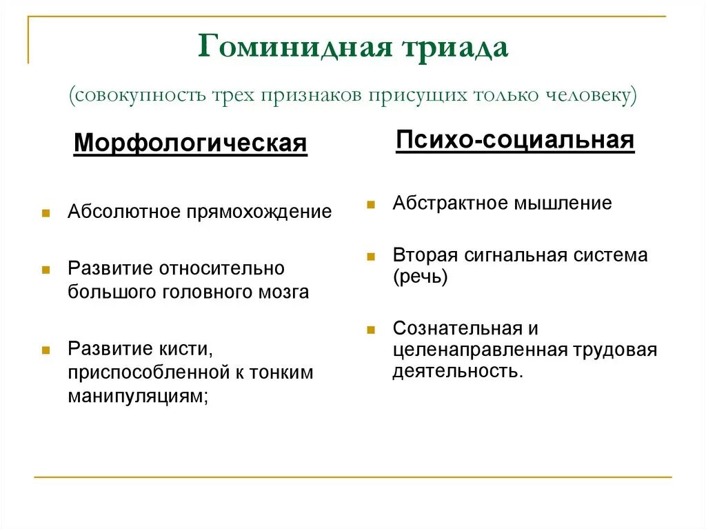 Какие признаки человека и животного общего. Морфологическая гоминидная Триада. Признаки гоминидной триады. Гоминидная Триада формирование человека современного типа. Гоминидная Триада это в истории.