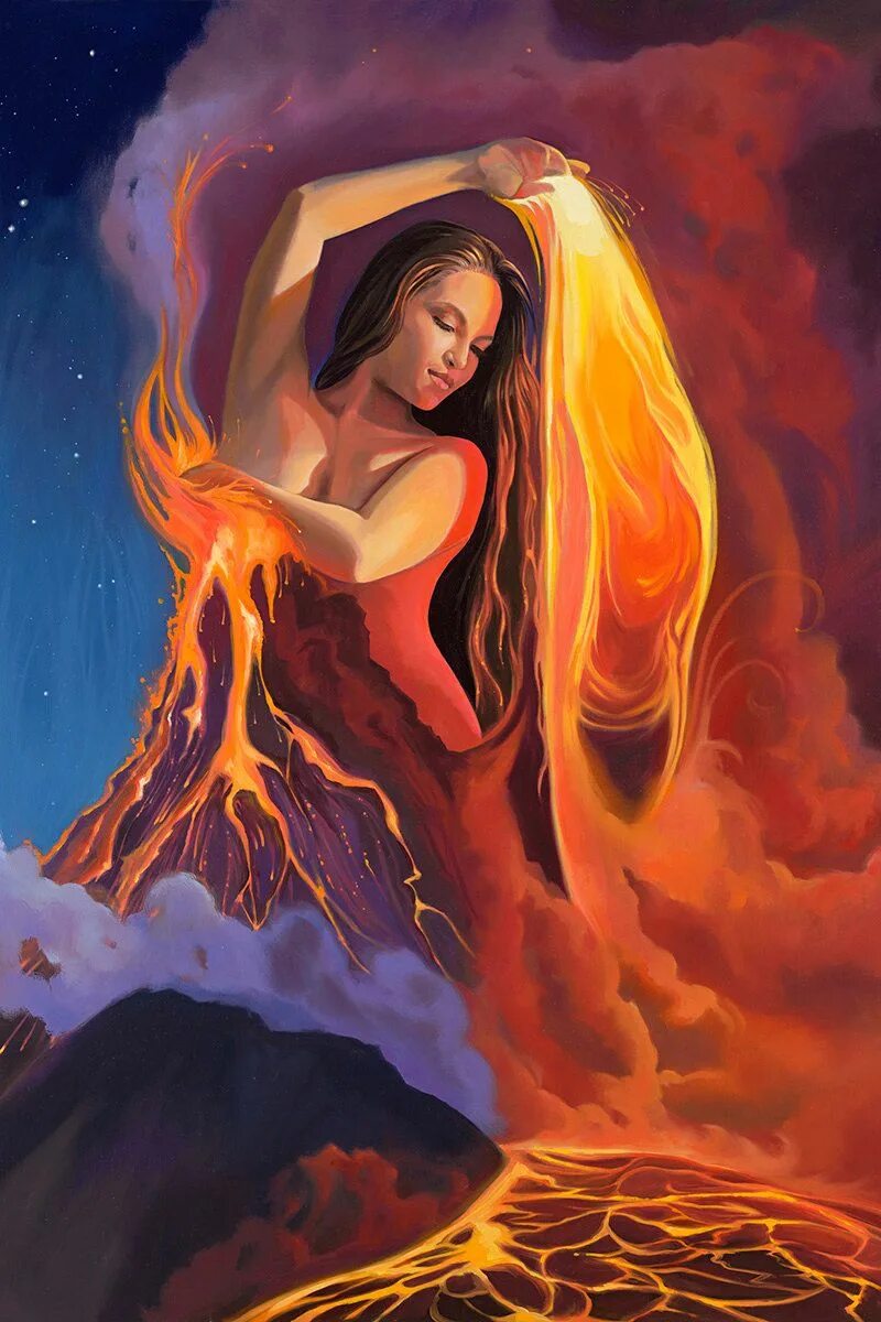 Вулкан арт. Картины джима уоррена(jim warren). Богиня пеле гавайи. Женщина вулкан. Женщина вулкан.