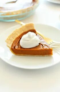 Small plate with a slice of Vegan Gluten-Free Pumpkin Pie topped with cocon...