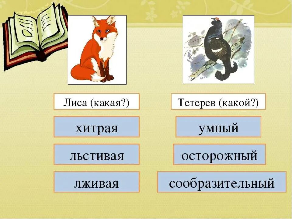 Какими изображены лиса и тетерев раскрась слова. Какими изображены лиса и тетерев раскрась слова