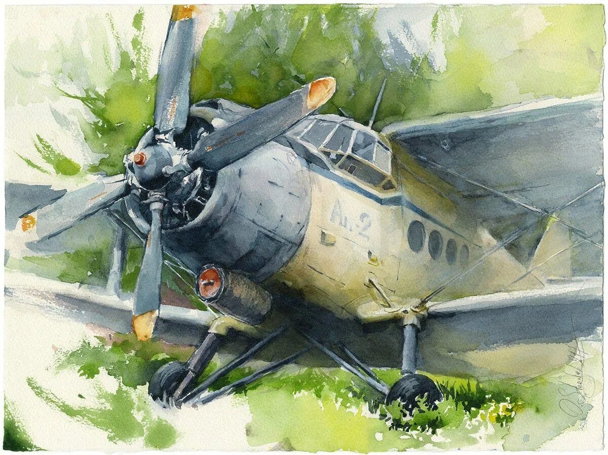 Самолет гуашью. Самолет ан 2 в живописи. самолет акварель. рисунки на военную тему. военный самолет акварель.