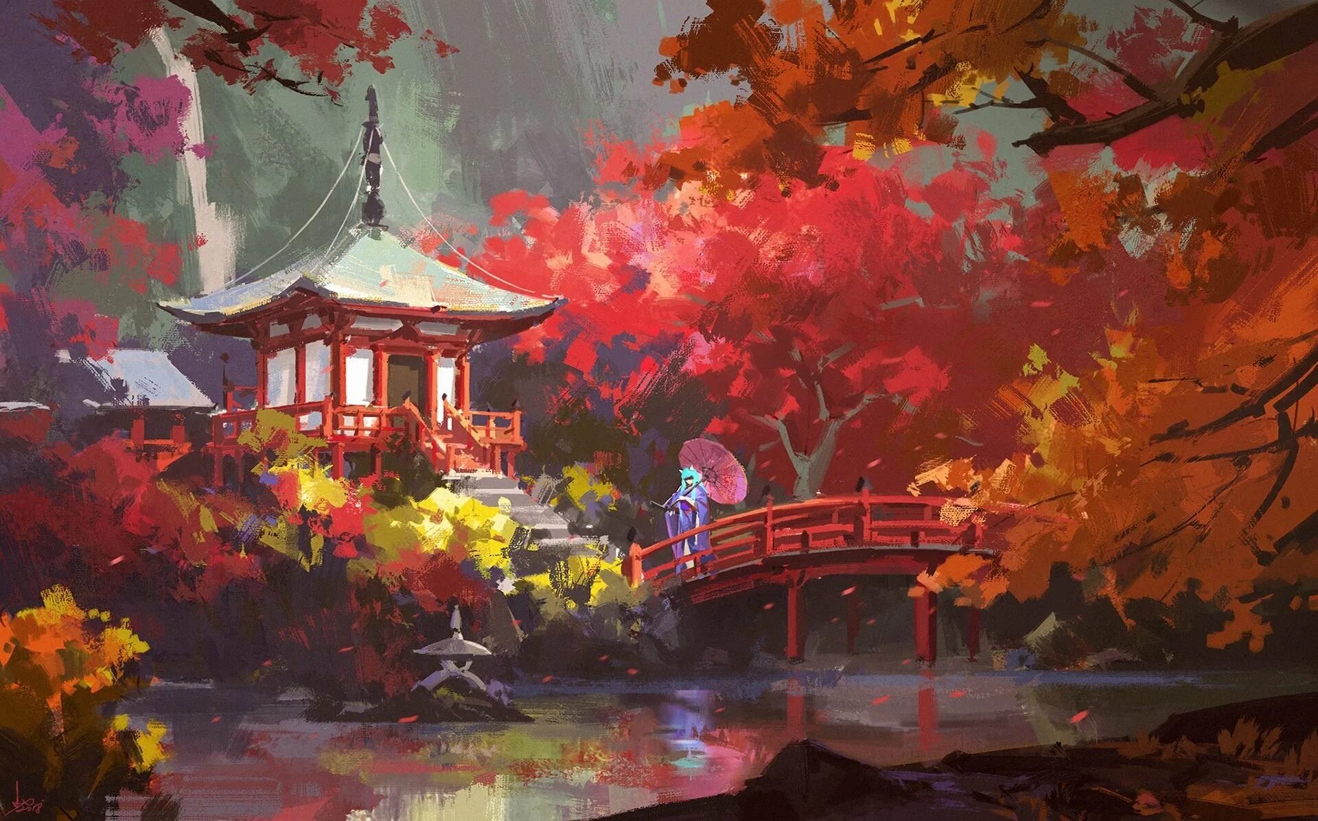 Япония арт. Ling xiang художник. японские пагоды япония живопись осень. пейзаж в китайском стиле. пейзаж в японском стиле.