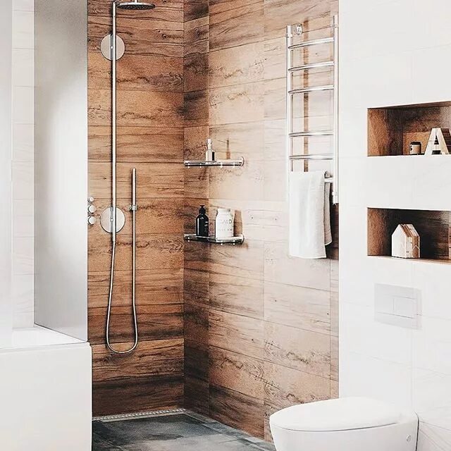 Фото ванной комнаты с плиткой под дерево Шервуд 30,7*60,7, Golden Tile купить оптом плитку в интернет-магазине в Санкт-
