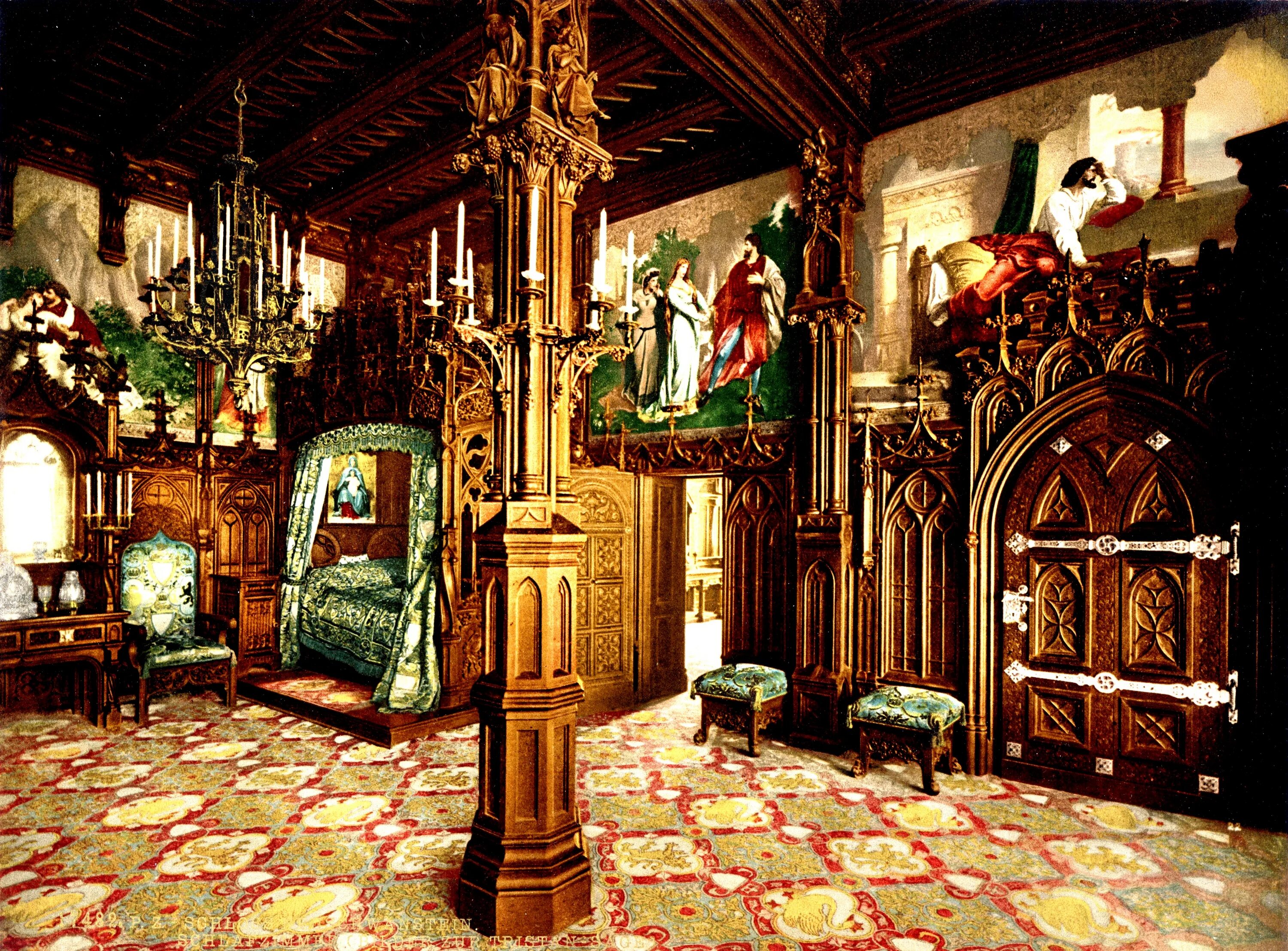 Зал в старинном замке. Замок Нойшванштайн внутреннее убранство. Спальня Людвига II замок Нойшванштайн. Замок Нойшванштайн интерьеры. Нойшванштайн спальня короля.