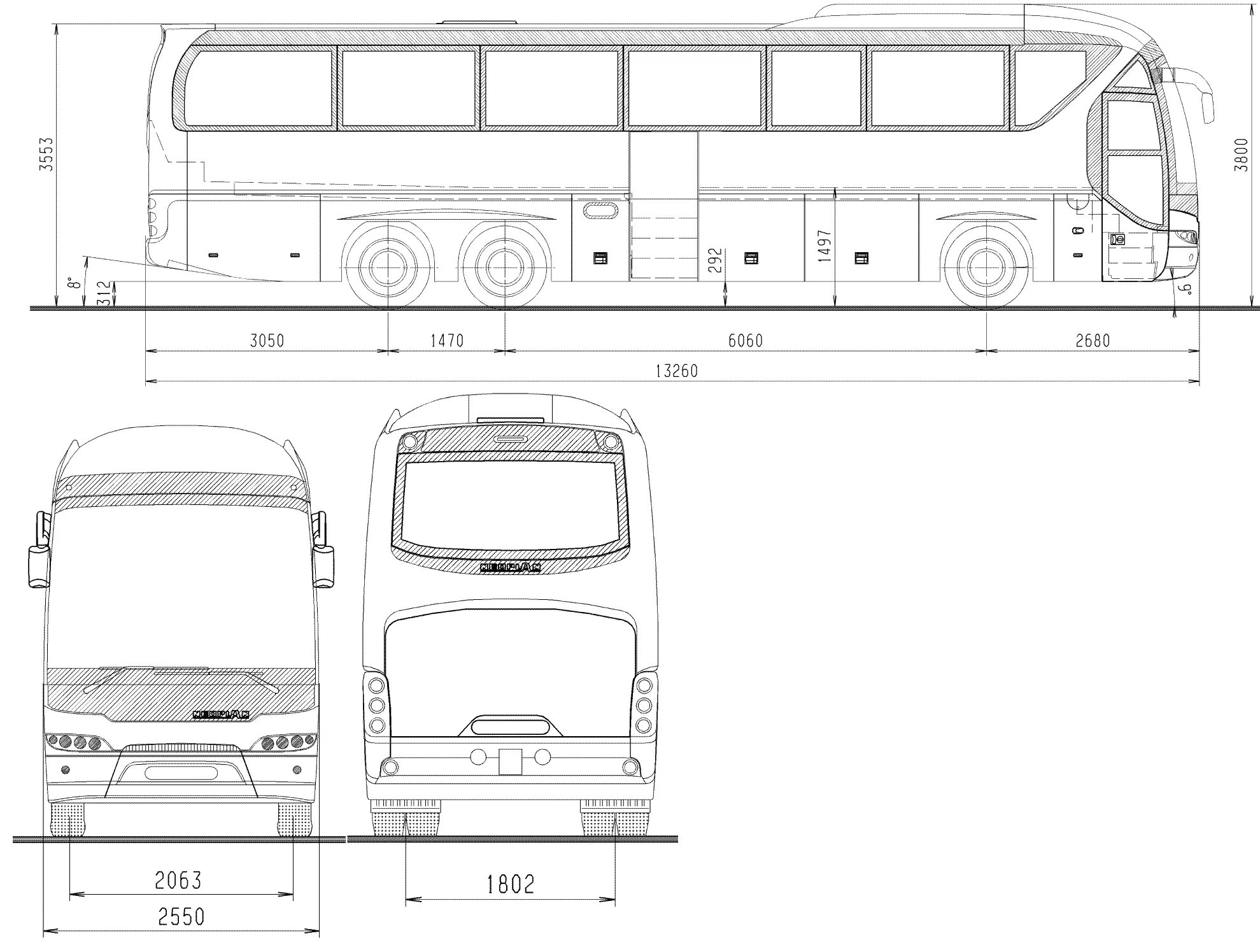 Какая длина автобуса. Mercedes Benz 0350 габариты. Mercedes Benz Bus чертежи. Mercedes-Benz Tourismo чертеж. Высота автобуса Мерседес Туризмо.