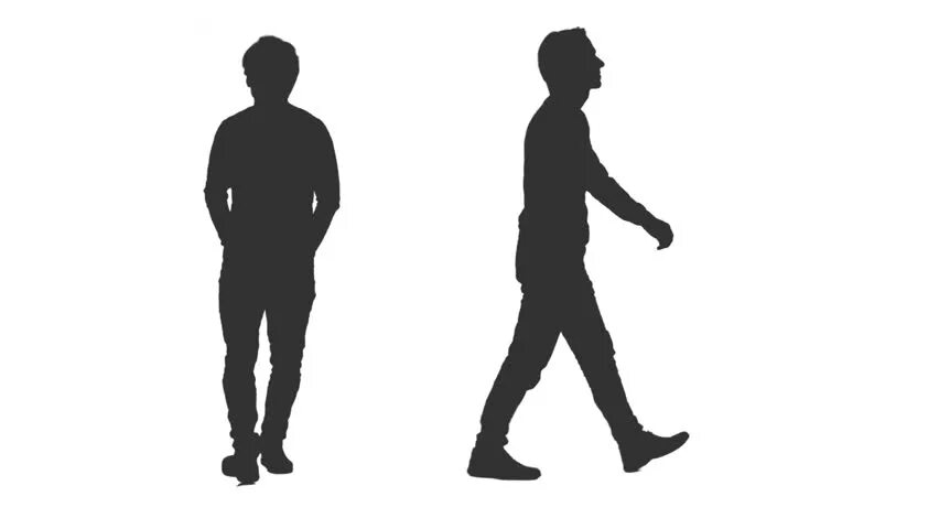 Человек идет вид сбоку. Люди идут по улице. Разные походки. Прямой силуэт. Walk side by side.