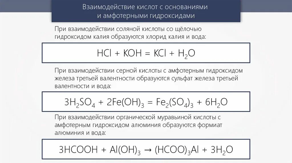 При взаимодействии натрия с водой образуется щелочь. Взаимодействие соляной кислоты. Взаимодействие кислот. Оксид кальция и серная кислота. Взаимодействие амфотерного основания с кислотой.