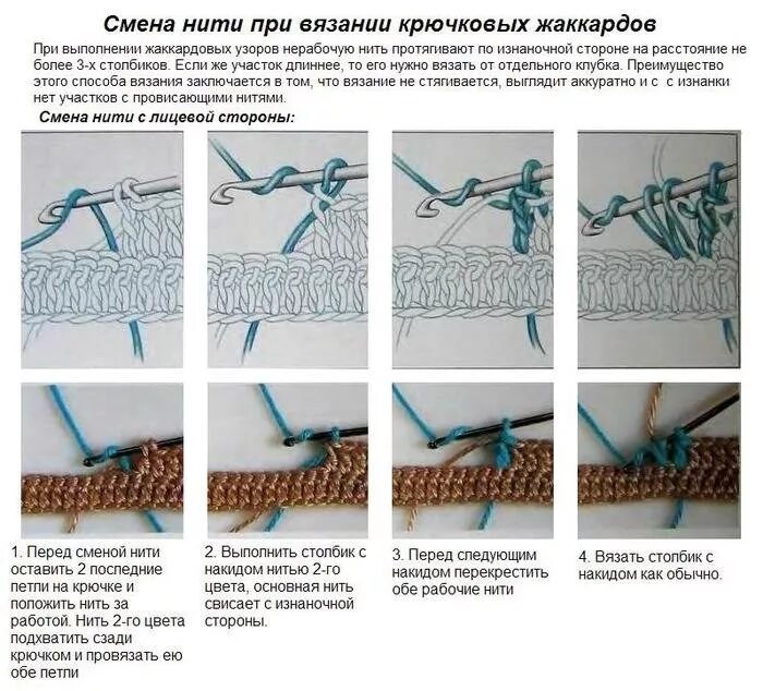 Как сменить цвет вязание крючком. Как поменять нитку при вязании крючком. техника вязания жаккарда крючком. как добавить нитку при вязании крючком. смена нити вязания крючком.