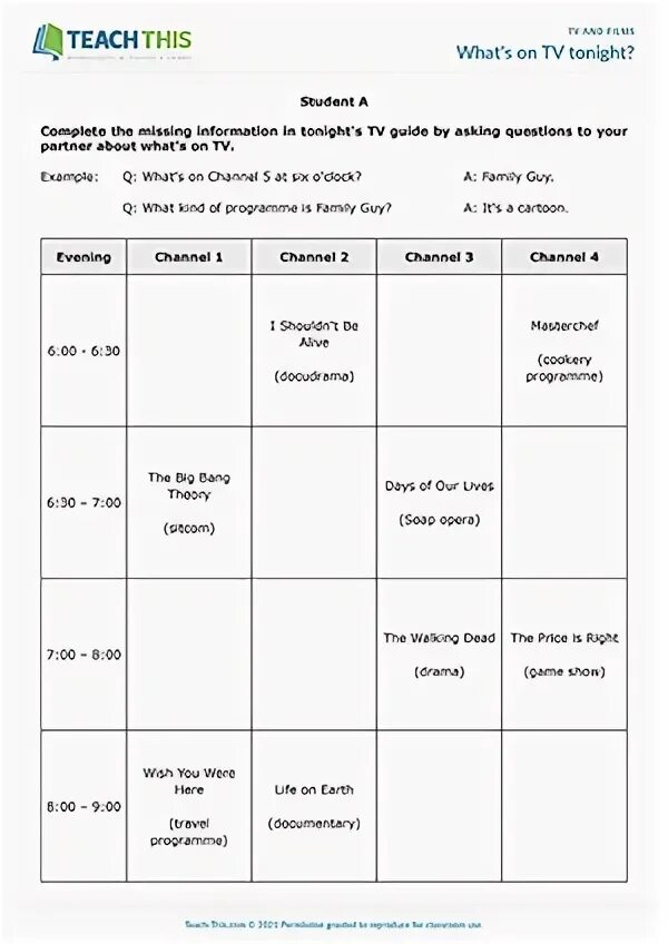 Test complete the types of tv programmes