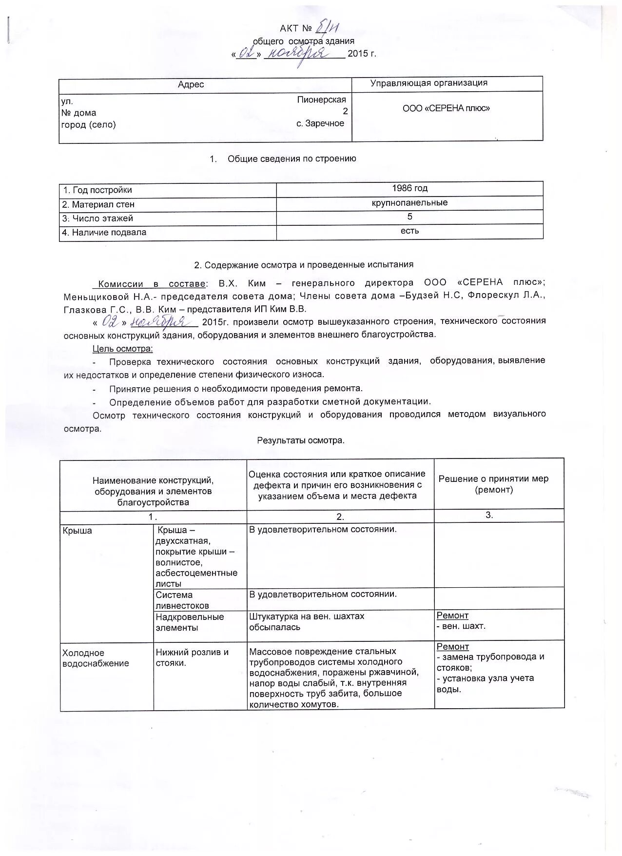 Акт общего осмотра дома № 2 по ул. Пионерская, с. Заречное.