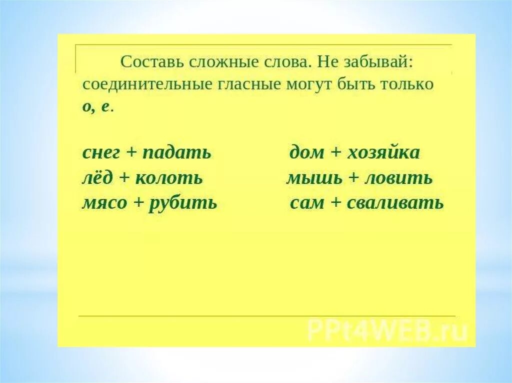 Привести примеры сложных слов. Слова с 2 корнями. Слова с двумя корнями с соединительной гласной. Слова с 2 корнями соединительная гласная е. Сложные слова.