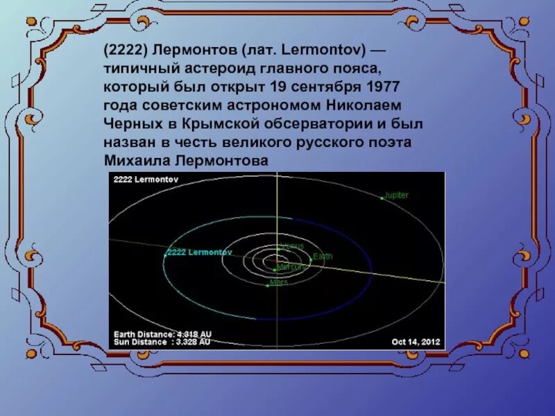 Планета названная в честь Лермонтова. Малая Планета Лермонтов. Астероид 2222 Lermontov. Астероид главного пояса. Астероиды названные в честь городов