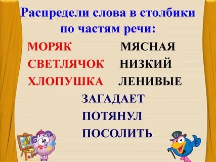 Спиши слова распределяя их по частям речи