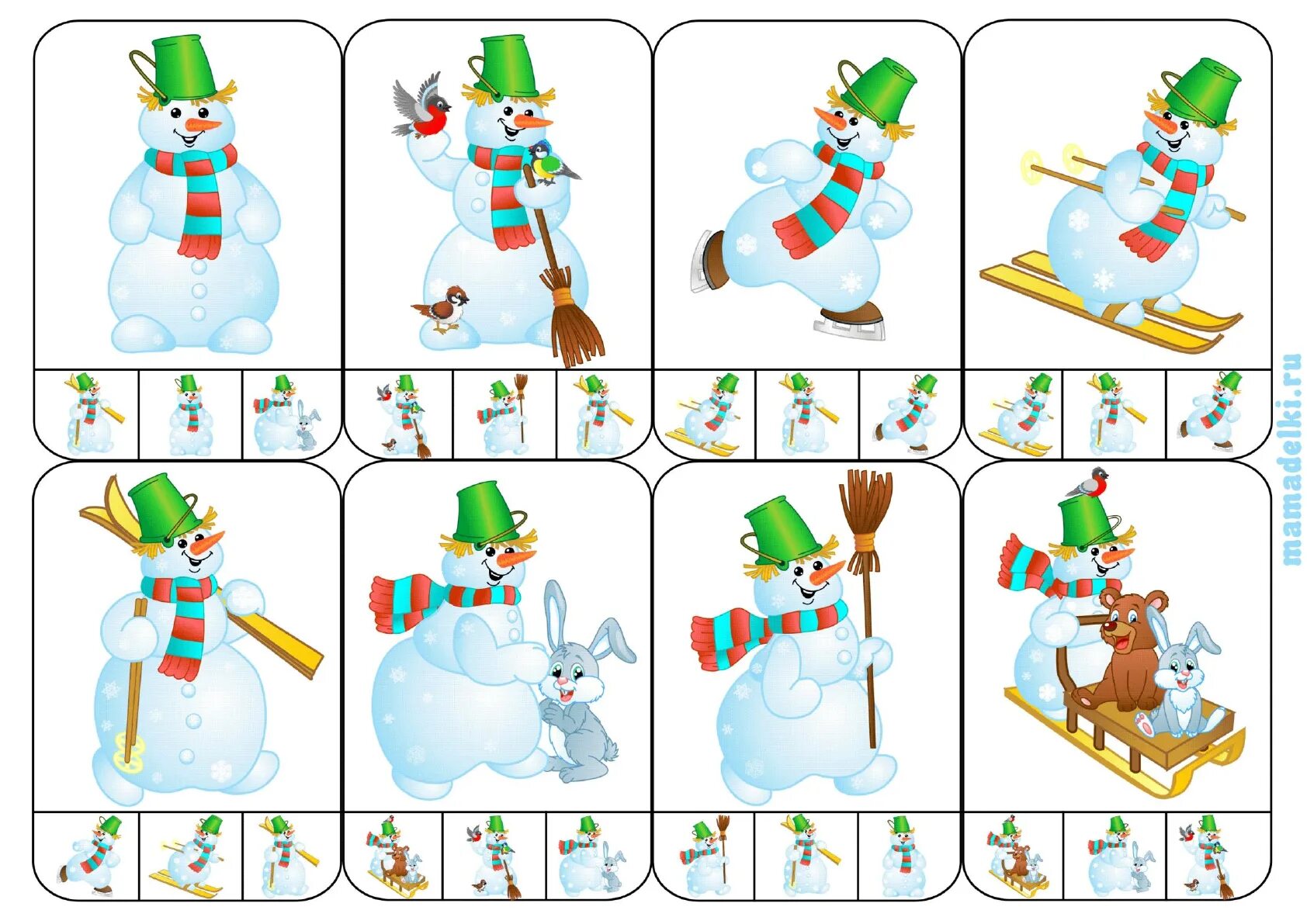 Карточки новой игры. Найди одинаковых снеговиков. Снеговик задания. Снеговик задания для детей. Сосчитай снеговиков.