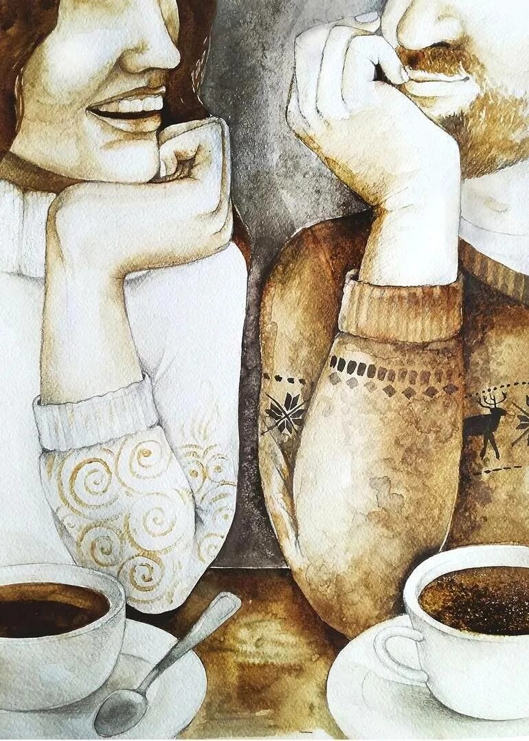 Два кофе пьют. Кофейная живопись. кофейные иллюстрации. картина кофе. кофе в живописи.